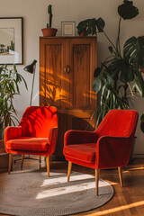 Retro interior design in the style of mid century with two red armchairs, a wardrobe and plants