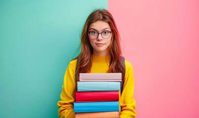A sad nerd schoolgirl with glasses holds a large stack of books on a pink background. A college female student carries stack of books. Back to school.concept of exams, reading, and learning.