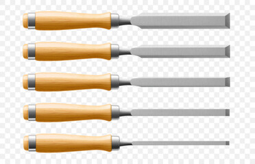 Set of chisels, carpentry hand tools for woodworking and wood carving. Stand for working with wood. Chisels with wooden handle isolated on transparent background. Realistic 3d Vector illustration.