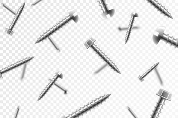 Flying metal screws and bolts, isolated on transparent background. Many silver falling screws. ?onstruction, repair tools. Steel chrome nails, grey instruments minimalist concept.