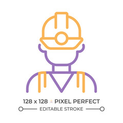Miner two color line icon. Manual labour. Coal mining industry employee. Uniform and protective equipment bicolor outline symbol. Duotone linear pictogram. Isolated illustration. Editable stroke