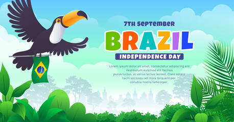 Brazil Independence Day banner design, toucan bird flying and holding flag at tropical landscape Translation: order and progress