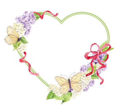 Romantic heart-shaped frame made of lilac with white butterflies and a bow. Template with place for text made of spring flowers and silk pink fabrics. Card for Mother's Day, wedding. Save the date.