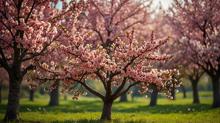 Naklejka premium Spring nature scene with a pink blooming tree Symbolizing the beauty and renewal associated with easter, generative.ai 