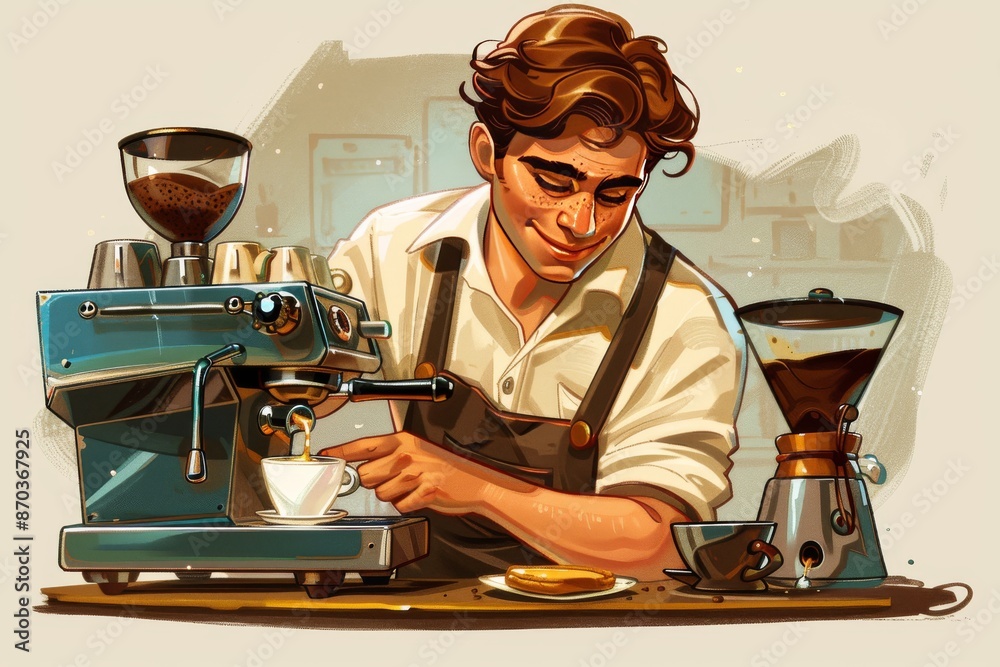 Sticker illustrated barista using espresso machine in a coffee shop with bright colors and playful atmospher