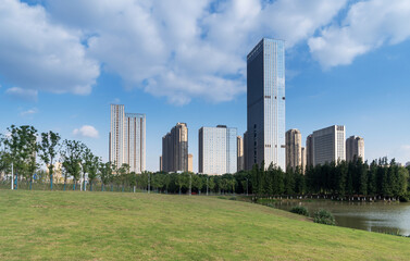 Obraz premium city park with modern building background in shanghai
