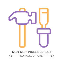 Hammer and chisel two color line icon. Manual instruments for miners. Ore extraction. Coal mining industry bicolor outline symbol. Duotone linear pictogram. Isolated illustration. Editable stroke