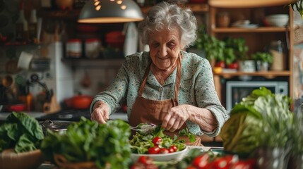 Elderly woman in a cozy kitchen preparing a fresh salad with various vegetables, creating a healthy meal in a warm and inviting environment.