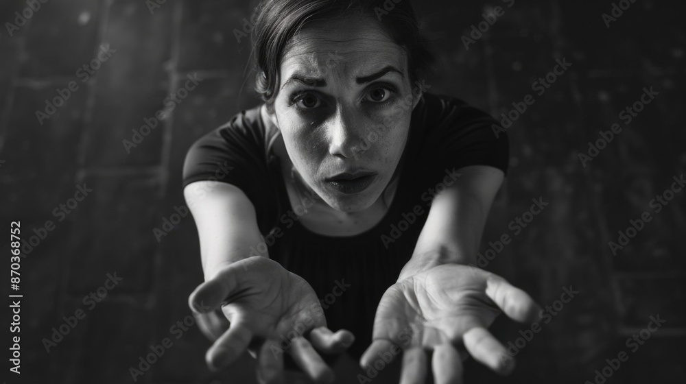 Poster A woman with her hands outstretched, looking down at the floor. Concept of sadness and despair