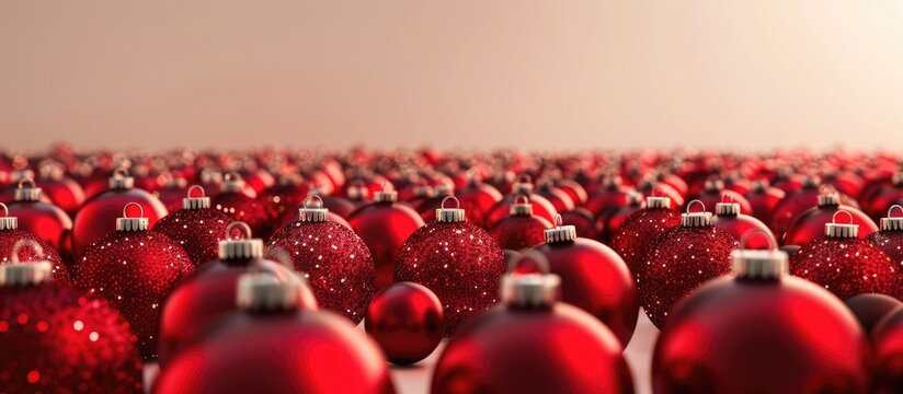A vast array of red Christmas tree ornaments displayed on a soft cream background with plenty of empty space for text or graphics in the image. image with copy space