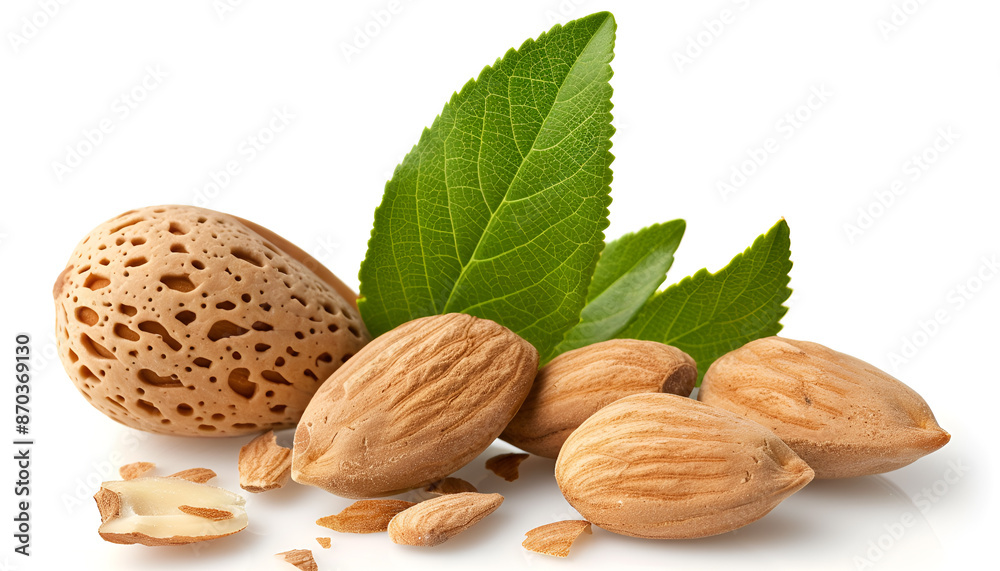 Wall mural almonds in their skins and peeled with leaf isolated on white background