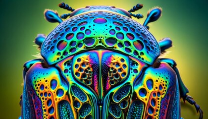 A highly detailed macro shot of a colorful iridescent beetle showcasing its intricate patterns and vibrant hues. Perfect for nature photography and insect studies.