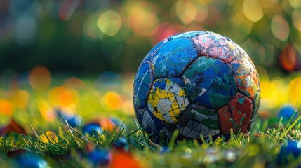 A closeup of an old, colorful mosaic soccer ball/football on grass, with a bokeh background. Perfect for sports themes, childhood memories, and creative design projects.