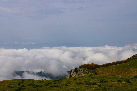 Beautiful Protected area of Kintrishi and Resort Gomismta. Georgia. resort Gomis mta with  unique old wooden houses. Travel. cloudy sky. blue heaven.