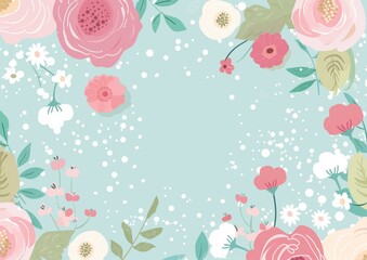 Elegant Floral Frame with Pastel Flowers on Light Blue Background
