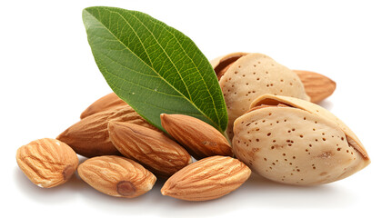 almonds in their skins and peeled with leaf isolated on white background