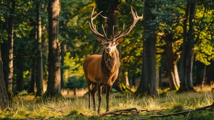 A majestic stag stands proudly in the forest, its impressive antlers and keen senses making it a symbol of strength and vigilance.