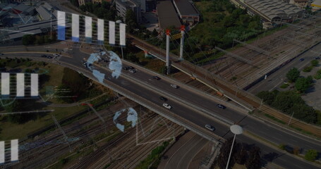 Image of data processing and globes over cityscape