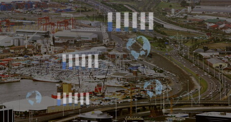 Image of data processing and globes over cityscape