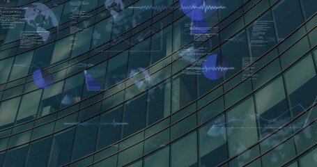 Image of data processing and spinning globes against tall building