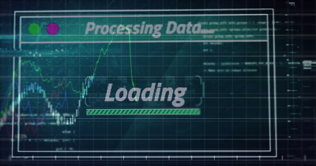 Image of financial data processing and text over screens