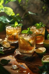 Three glasses of a drink with lime slices on the side. The drink is served on a wooden table