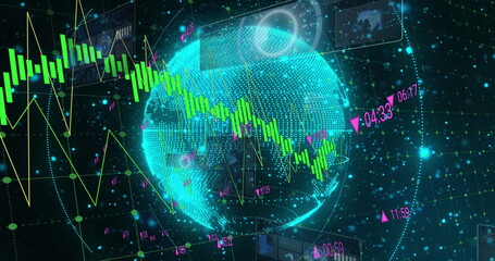 Obraz premium Image of round scanners and data processing over spinning globe and blue glowing spots