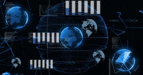 Image of data processing and plexus networks over spinning globes against black background