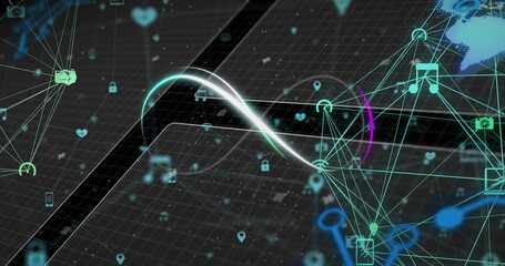 Image of infinity symbol and globes of digital icons against interface with data processing