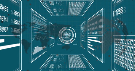 Image of data processing over globe and world map on blue background