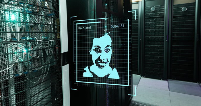 Image of digital images against illuminated server racks in server room