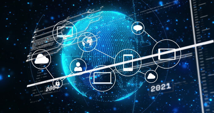 Image of interface with data processing and network of digital icon against spinning globe