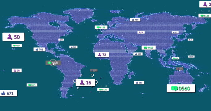 Image of changing numbers and icons in message boxes over map against blue background