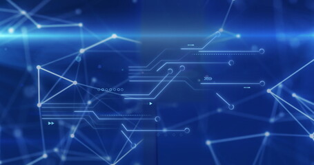 Image of circuit board pattern over connected dots against abstract background