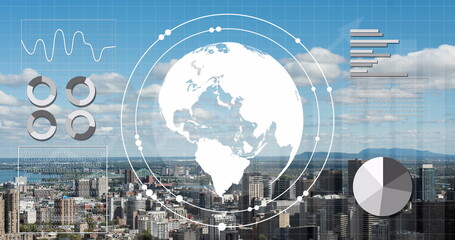 Image of globe in circles, graph, loading circles and bars, modern cityscape against cloudy sky