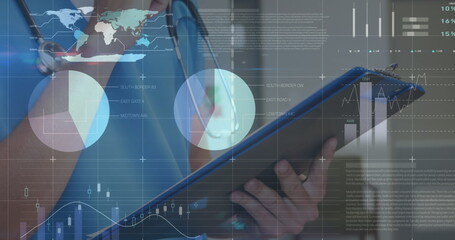 Image of data processing over caucasian female doctor with clipboard