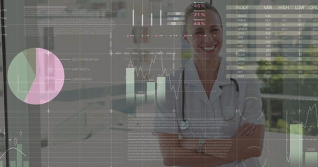 Image of data processing over happy caucasian female doctor