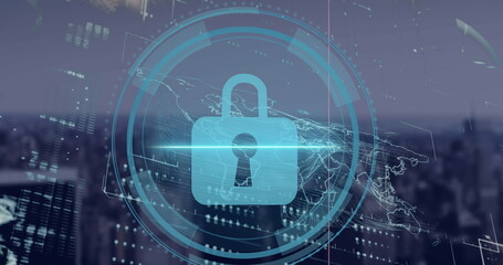 Image of security padlock icon and interface with data processing against cityscape