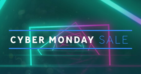 Image of cyber monday sale text over neon lines background