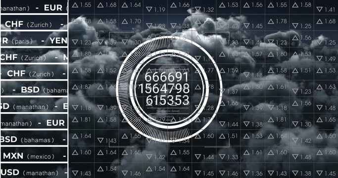 Image of changing numbers in circles with currency names over trading board against dense clouds