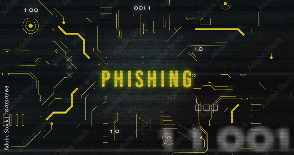 Poster image of phishing text banner over data processing and microprocessor connections