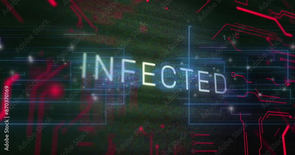 Poster image of infected text banner over connecting dots and microprocessor connections