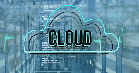 Image of cloud text banner and icon over data processing against computer server room