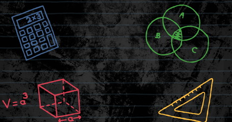 Image of math concept icons against changing grunge effect on black background with copy space