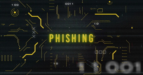 Image of phishing text banner over data processing and microprocessor connections
