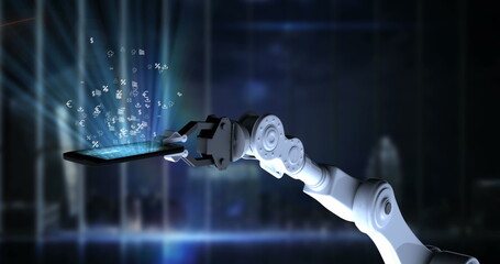 Image of symbols floating over robotic arm holding a smartphone against office window