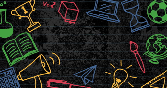 Image of school concept icons against changing grunge effect on black background with copy space