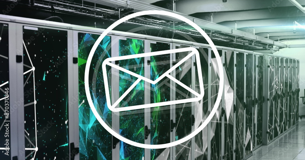 Poster image of message icon and plexus networks against computer server room