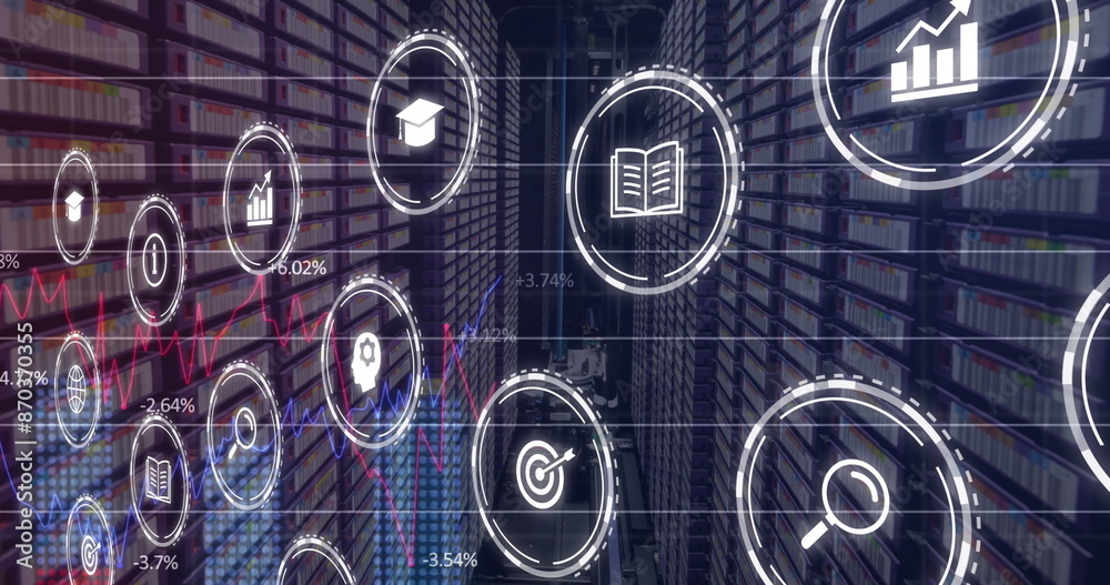Poster image of multiple digital icons and statistical data processing against computer server room