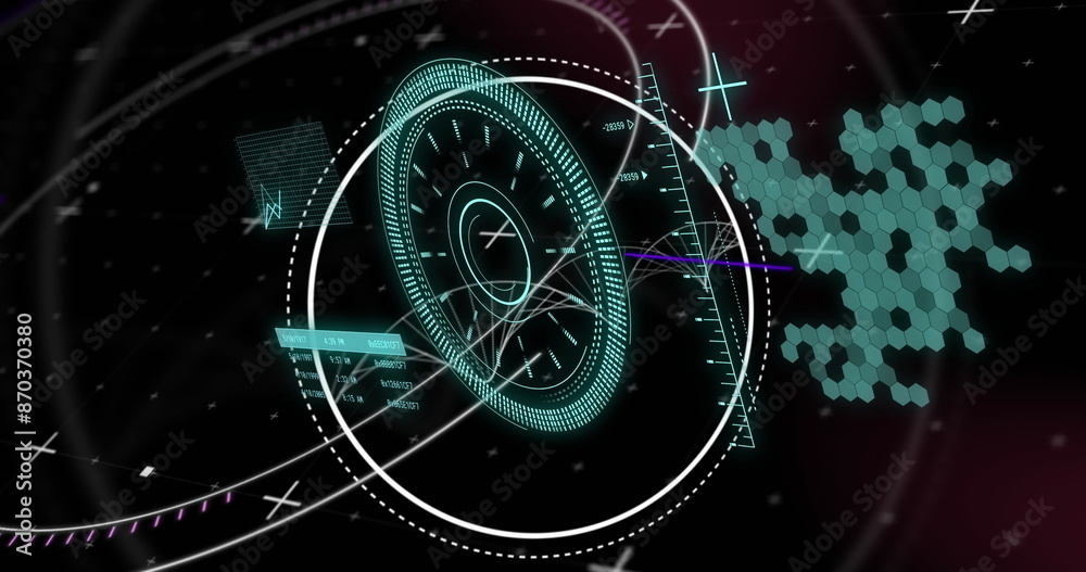 Poster image of lines, graphs and loading circles over hexagon pattern against black background